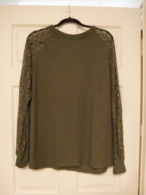 Miholl XL Olive Green Lace Sleeve Top Rib Knit Long Sleeve Casual